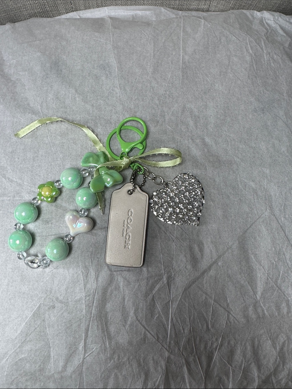 Coach Mint Green Beaded Heart and Logo Tag Keychain Charm